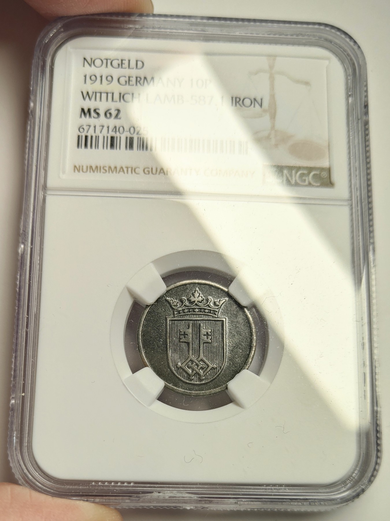 🏮💰物与斋新春连拍3-世界近现代硬币专场（共三场合并发货） NGC-MS62 德国紧急状态硬币Wittlich市1919年10芬尼铁币，包浆深邃铸纹清晰，视觉观感上佳