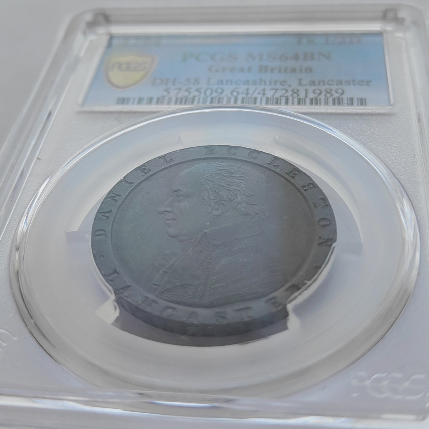 🏮💰物与斋新春连拍3-世界近现代硬币专场（共三场合并发货） PCGS-MS64BN 英国1794年兰开斯特小车轮半便士代币 SOHO厂铸造，车轮便士鼻祖，宽边铭技术首次应用，巧克力包浆，高分高状态