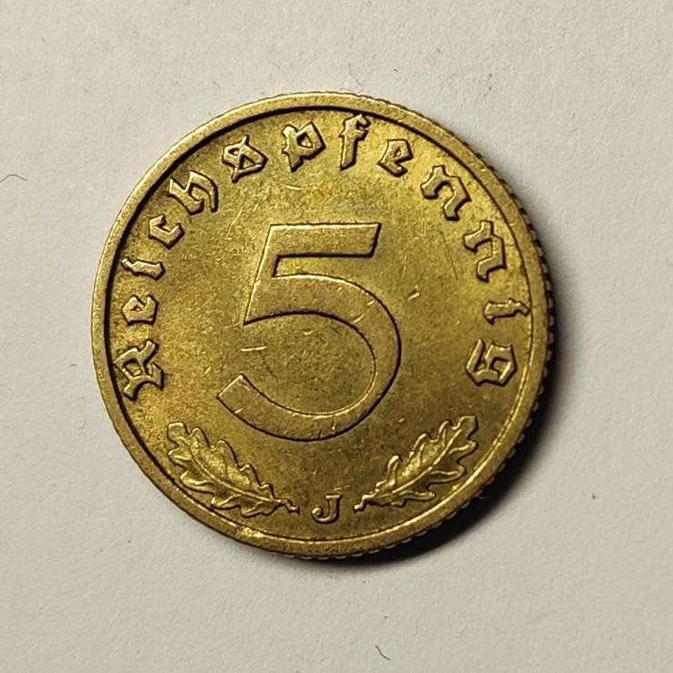 🏮💰物与斋新春连拍3-世界近现代硬币专场（共三场合并发货） 德国1937汉堡J厂5芬尼黄铜币，经典鹰徽，带转光