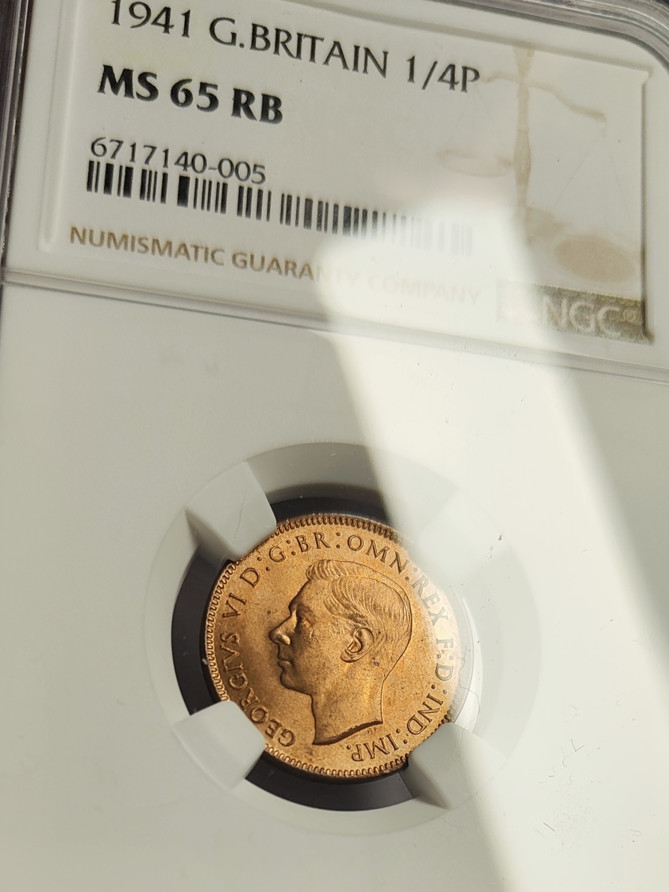 🏮💰物与斋新春连拍3-世界近现代硬币专场（共三场合并发货） NGC-MS65RB 英国1941年乔治六世法新铜币 完美gem级原铜光