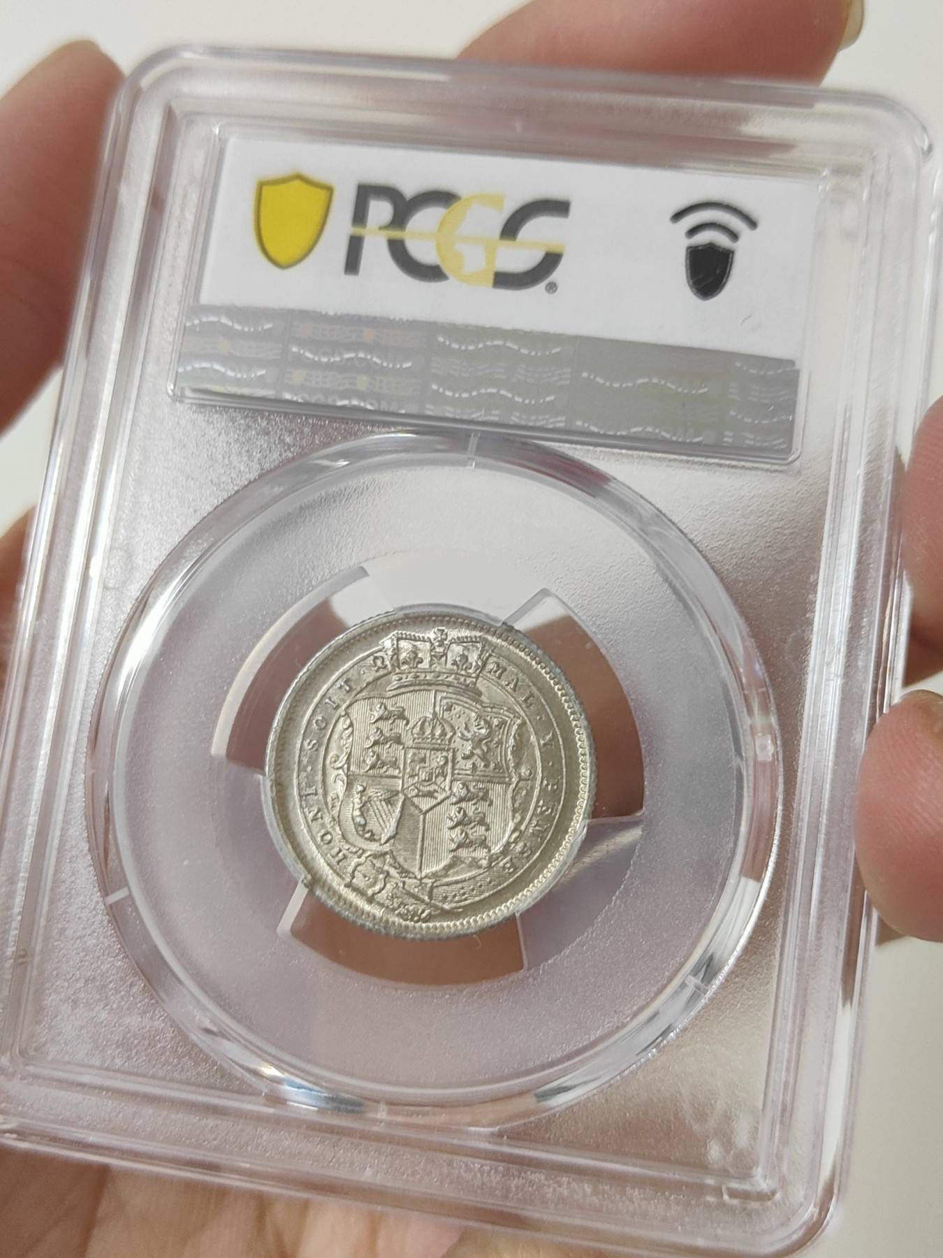 🏮💰物与斋新春连拍3-世界近现代硬币专场（共三场合并发货） PCGS-MS63 英国1816年乔治三世牛头先令银币，淡黄油彩，盒子正面略有磨损如图