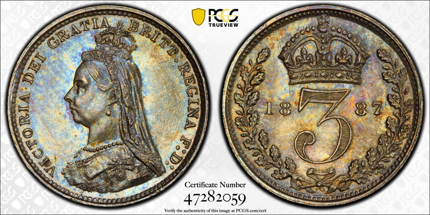 🏮💰物与斋新春连拍3-世界近现代硬币专场（共三场合并发货） PCGS-MS63 英国1887年维多利亚高冠三便士银币 绝美五彩包浆，深打好细节，个人觉得低评