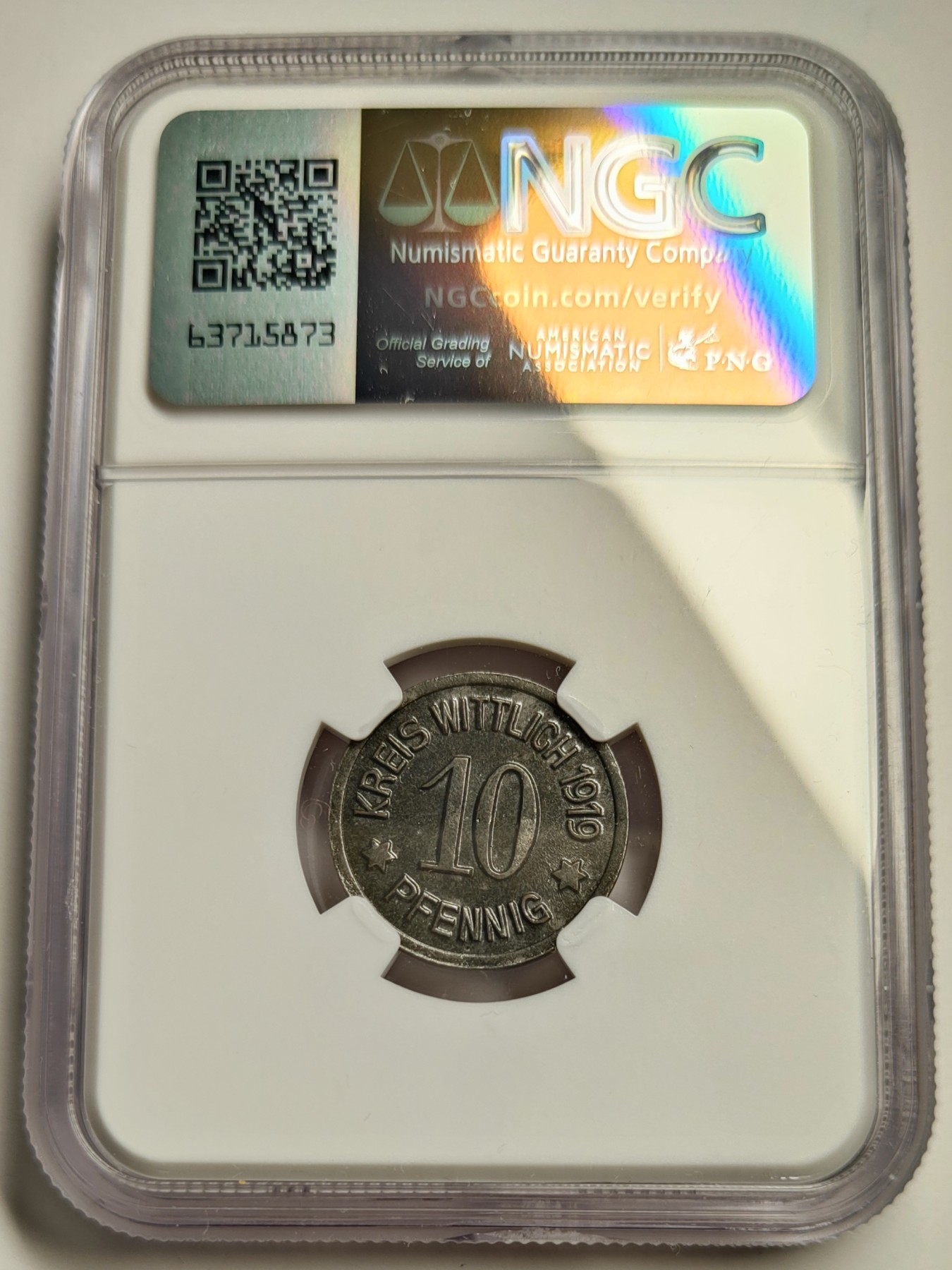 🏮💰物与斋新春连拍3-世界近现代硬币专场（共三场合并发货） NGC-MS62 德国紧急状态硬币Wittlich市1919年10芬尼铁币，包浆深邃铸纹清晰，视觉观感上佳