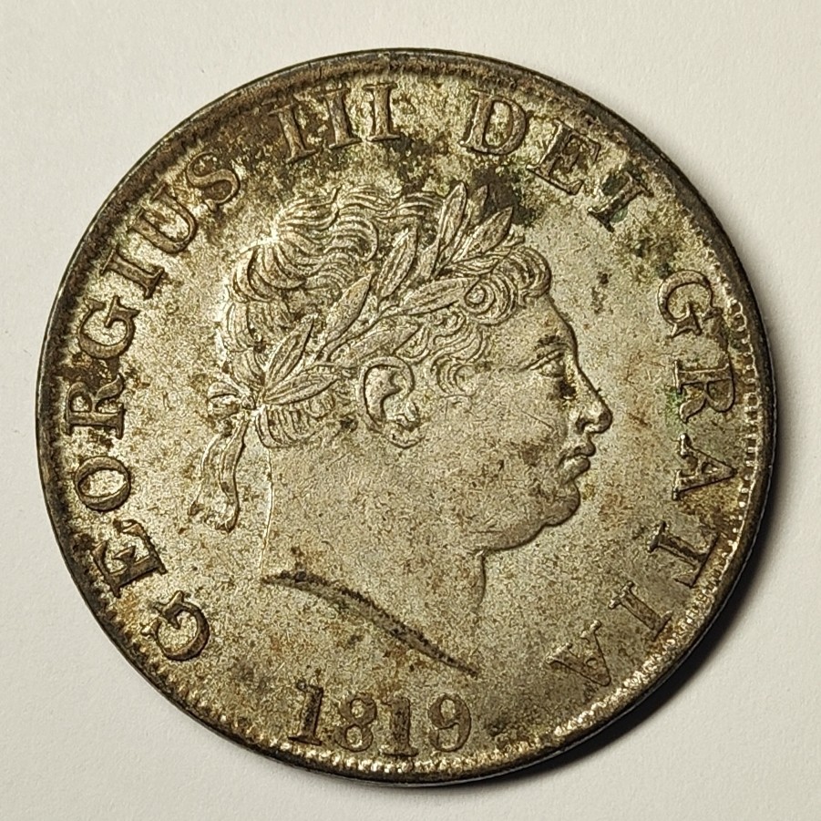 🏮💰物与斋新春连拍3-世界近现代硬币专场（共三场合并发货） 英国1819-dated乔治三世小头半克朗，老仿counterfeit镀银
