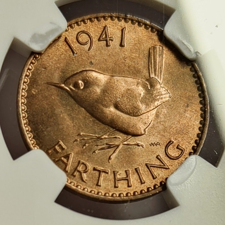 🏮💰物与斋新春连拍3-世界近现代硬币专场（共三场合并发货） NGC-MS65RB 英国1941年乔治六世法新铜币 完美gem级原铜光