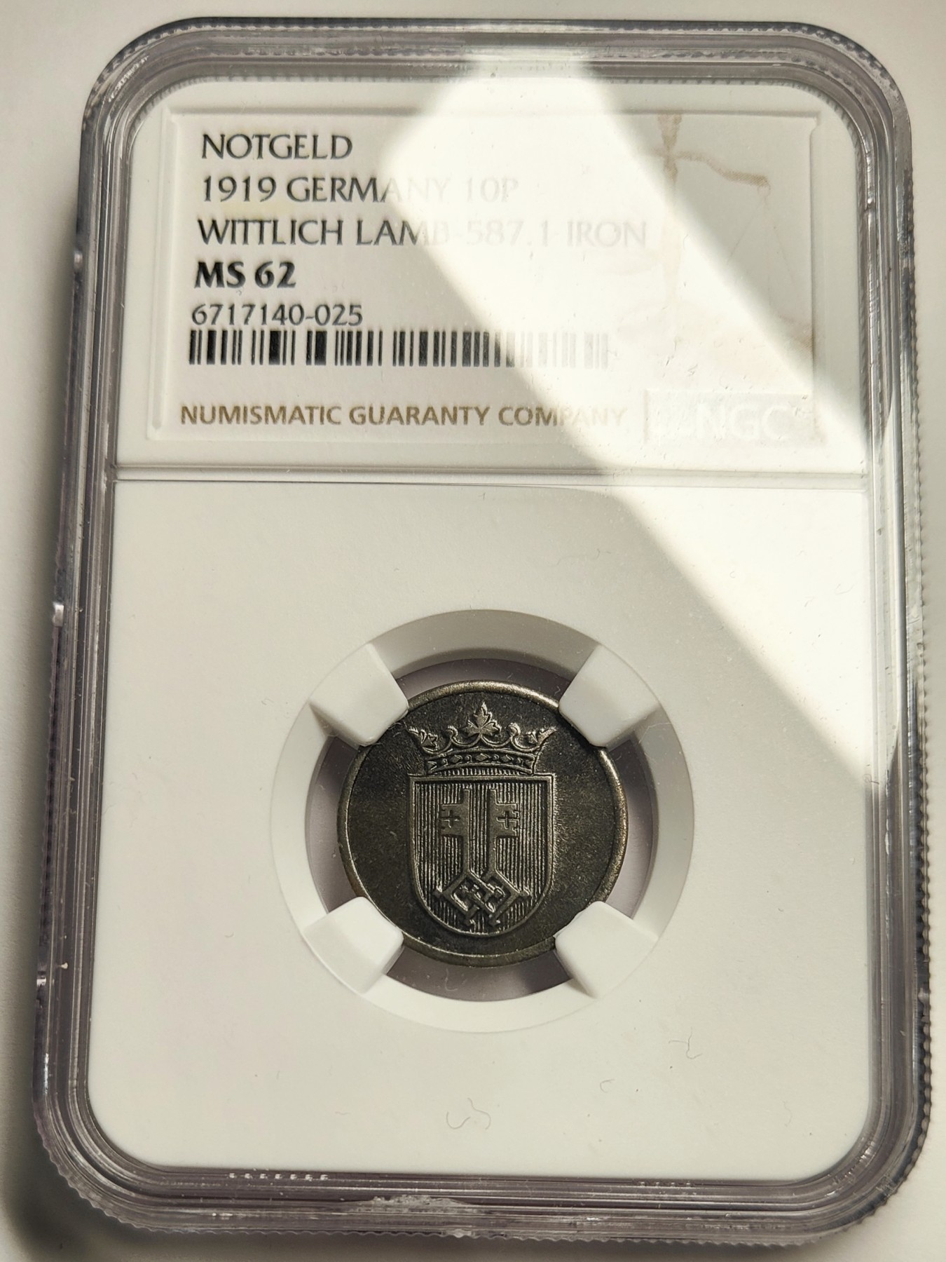 🏮💰物与斋新春连拍3-世界近现代硬币专场（共三场合并发货） NGC-MS62 德国紧急状态硬币Wittlich市1919年10芬尼铁币，包浆深邃铸纹清晰，视觉观感上佳