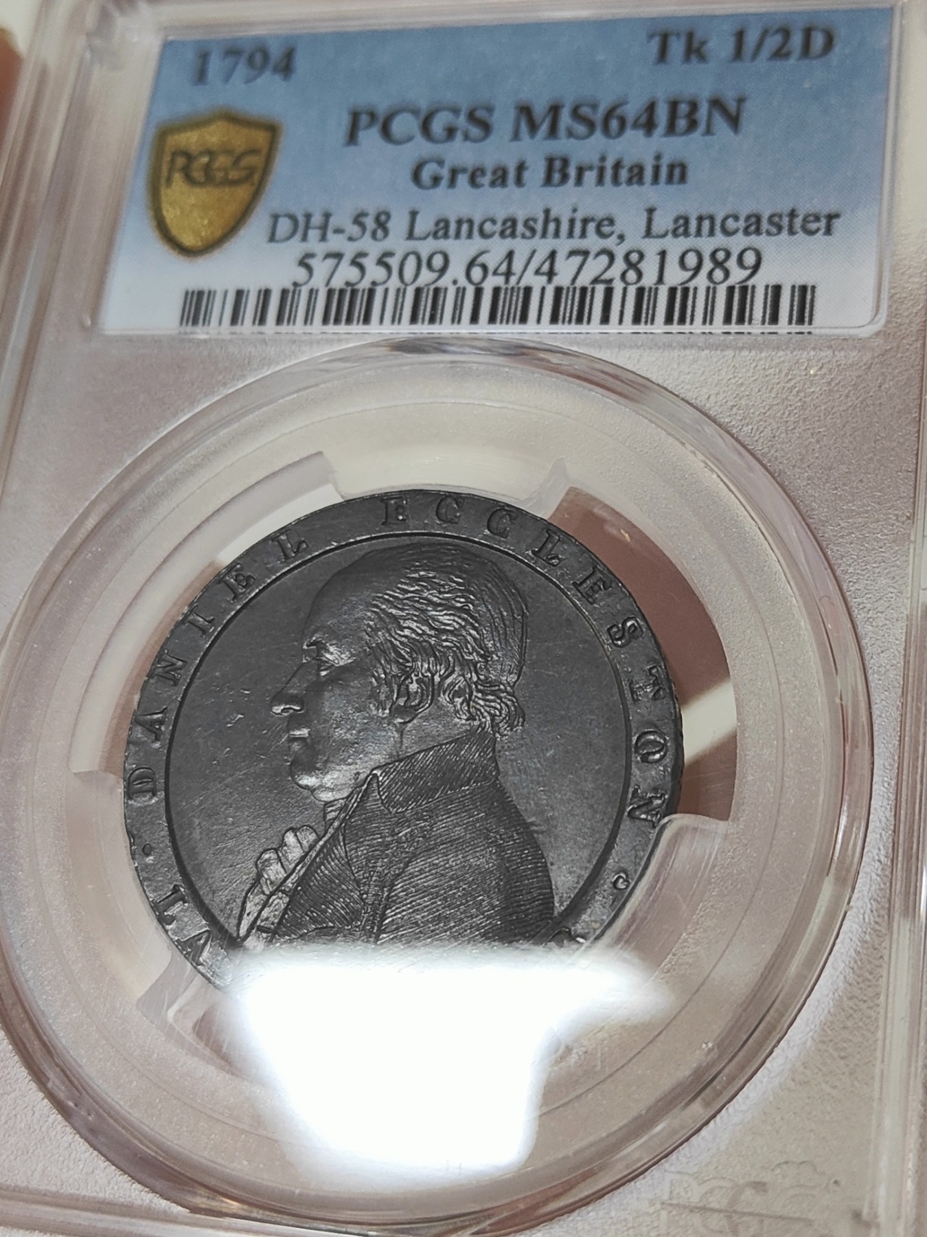 🏮💰物与斋新春连拍3-世界近现代硬币专场（共三场合并发货） PCGS-MS64BN 英国1794年兰开斯特小车轮半便士代币 SOHO厂铸造，车轮便士鼻祖，宽边铭技术首次应用，巧克力包浆，高分高状态