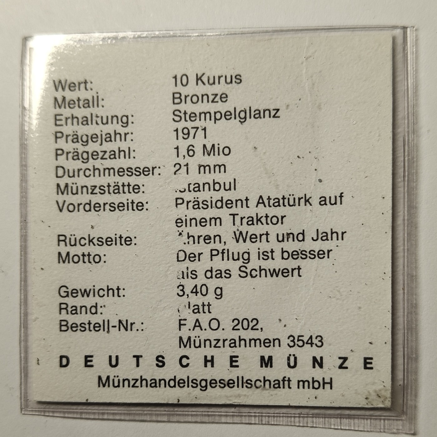 🏮💰物与斋新春连拍3-世界近现代硬币专场（共三场合并发货） 土耳其1971年FAO币10 Kurus铜币 世界粮农组织 绝美紫橙色五彩包浆，细节生动，带原标签及保护盒