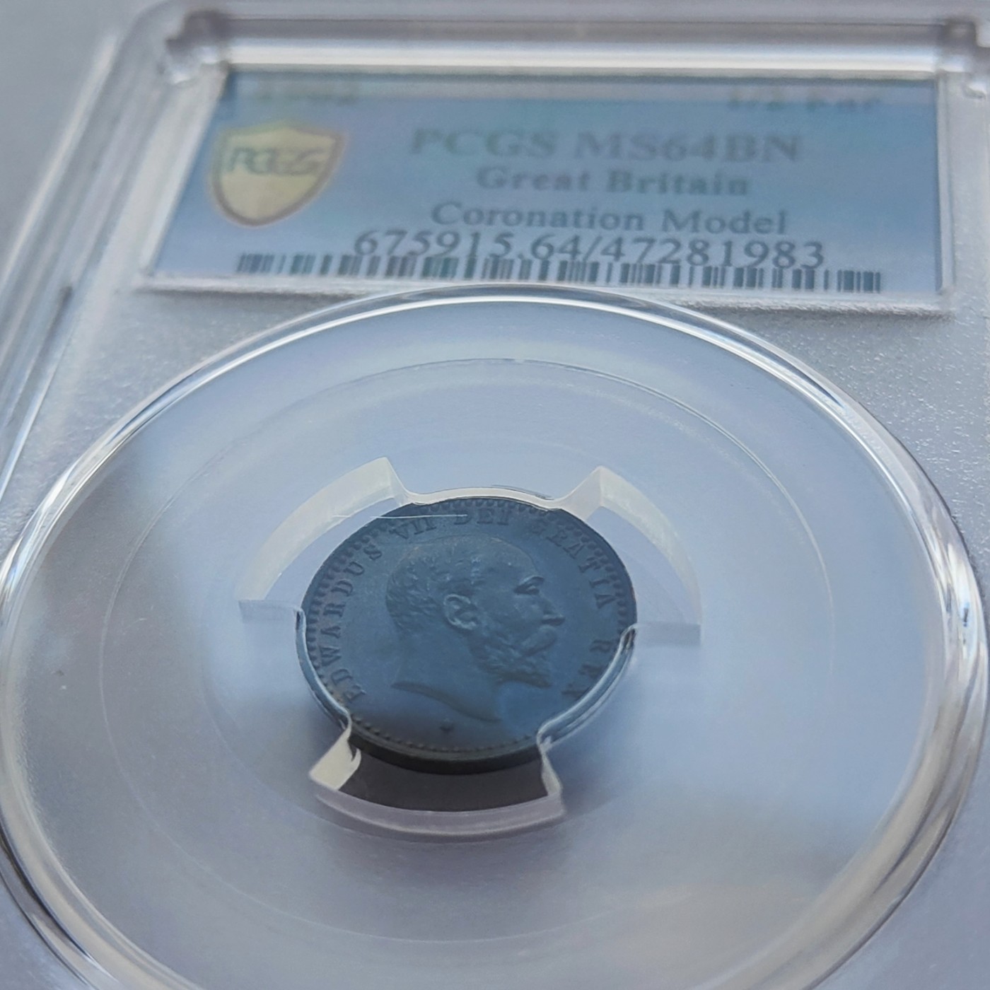 🏮💰物与斋新春连拍3-世界近现代硬币专场（共三场合并发货） PCGS-MS64BN 英国1902年爱德华七世半法新登基纪念铜币 最小的马剑 人像面镜面底板 背面铜光鲜动