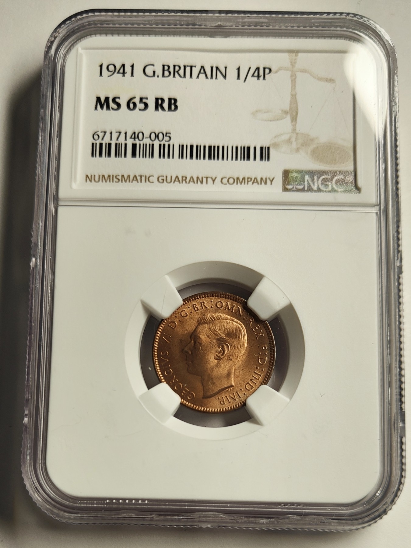 🏮💰物与斋新春连拍3-世界近现代硬币专场（共三场合并发货） NGC-MS65RB 英国1941年乔治六世法新铜币 完美gem级原铜光