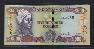 牙买加2006年500元 克劳斯P-85b 年份较少 美洲纸币 实物图 UNC - 牙买加2006年500元 克劳斯P-85b 年份较少 美洲纸币 实物图 UNC