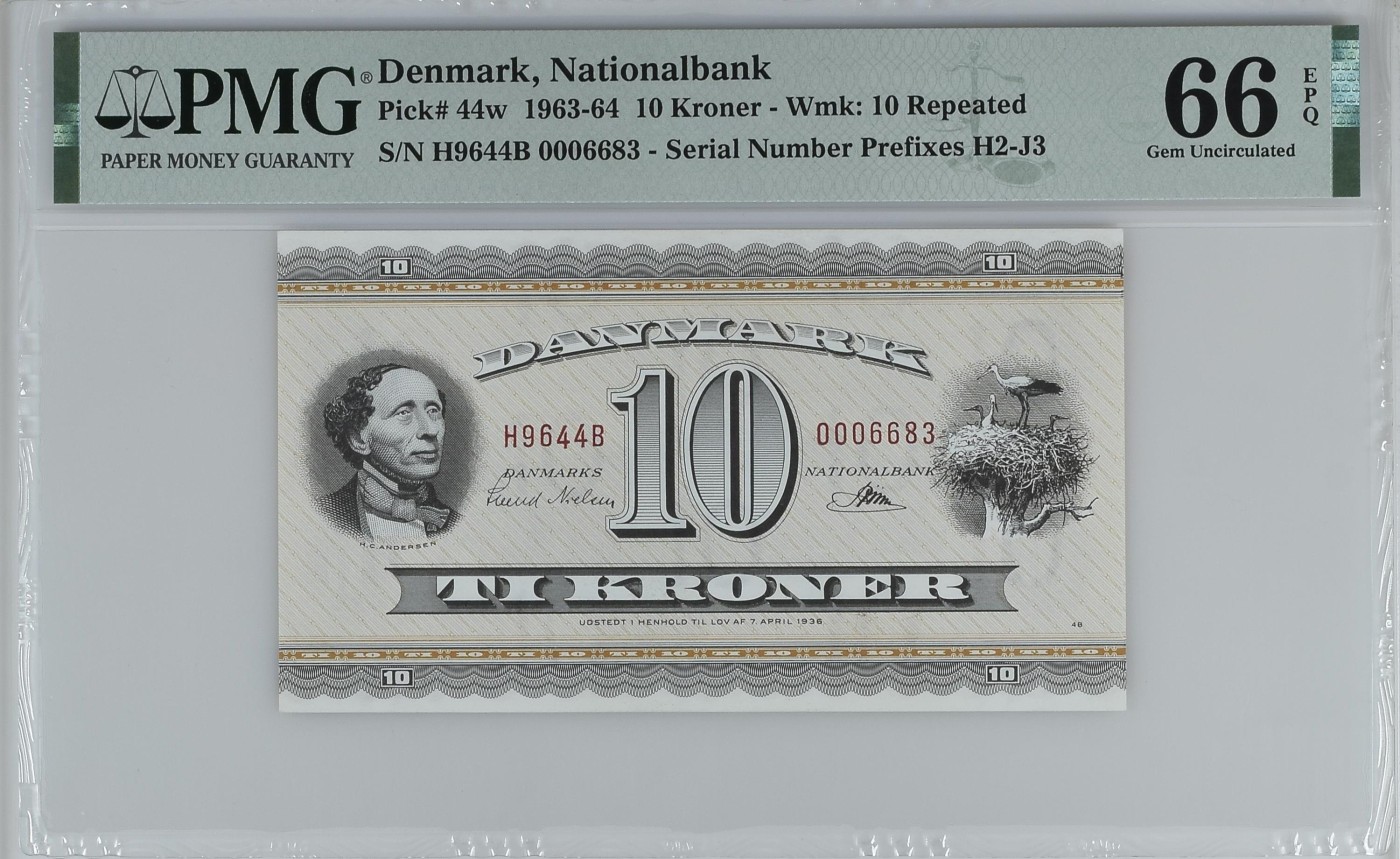 收藏联盟Quantum Auction 第325期拍卖  丹麦1963-64年10克朗 PMG66 童话大师安徒生 少见千位号 号码无457