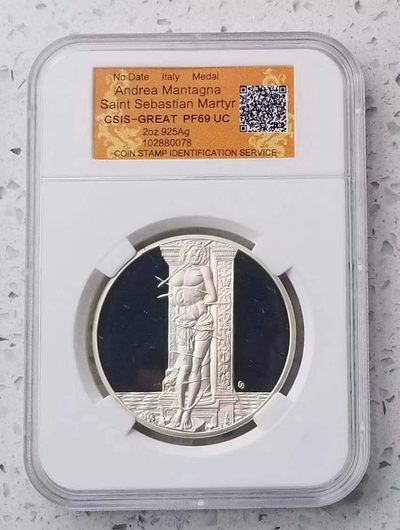 【币将精彩】世界钱币拍卖（2025-8-27） - 意大利古代名画曼特尼亚的圣塞巴斯蒂安纪念银章  925银2盎司，直径50毫米，信泰评级封装。