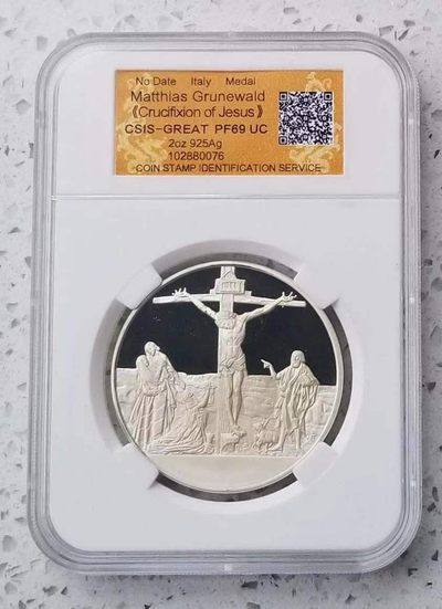 【币将精彩】世界钱币拍卖（2025-8-27） - 意大利古代名画格鲁内瓦尔德十字架上的耶稣纪念银章  925银2盎司，直径50毫米，信泰评级封装。
