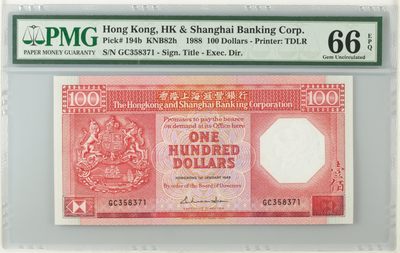 超越收藏第一期 - 1988年香港汇丰银行100港币八卦红Hong Kong, HK & Shanghai Banking Corp., 100 Dollars KNB82h    1988