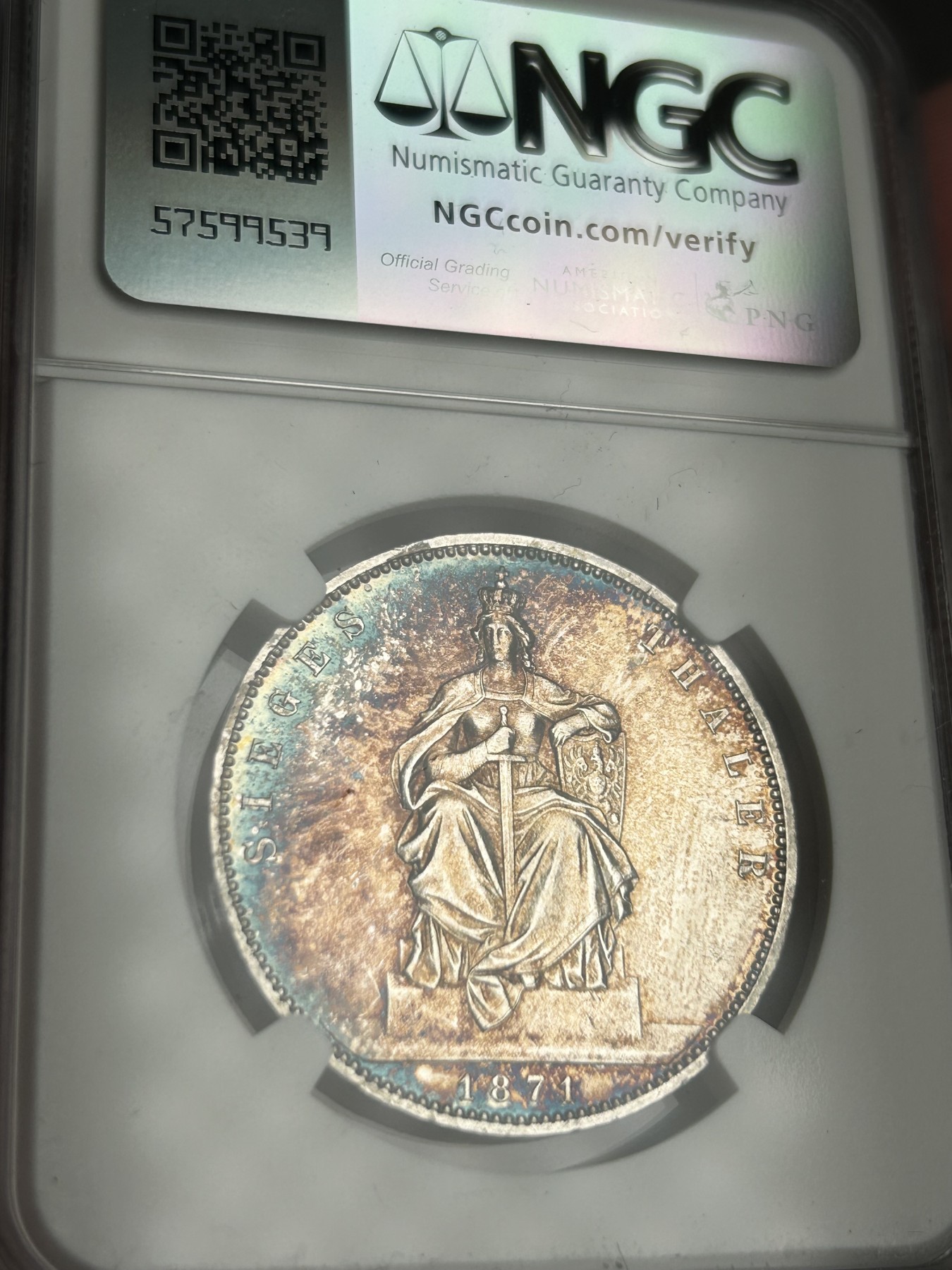 万国钱币拍卖第021期（龙年首拍） NGC MS61 1871年德国普鲁士普法战争胜利纪念流通1泰勒 阴阳调和幻彩 一币两玩 非常有特点