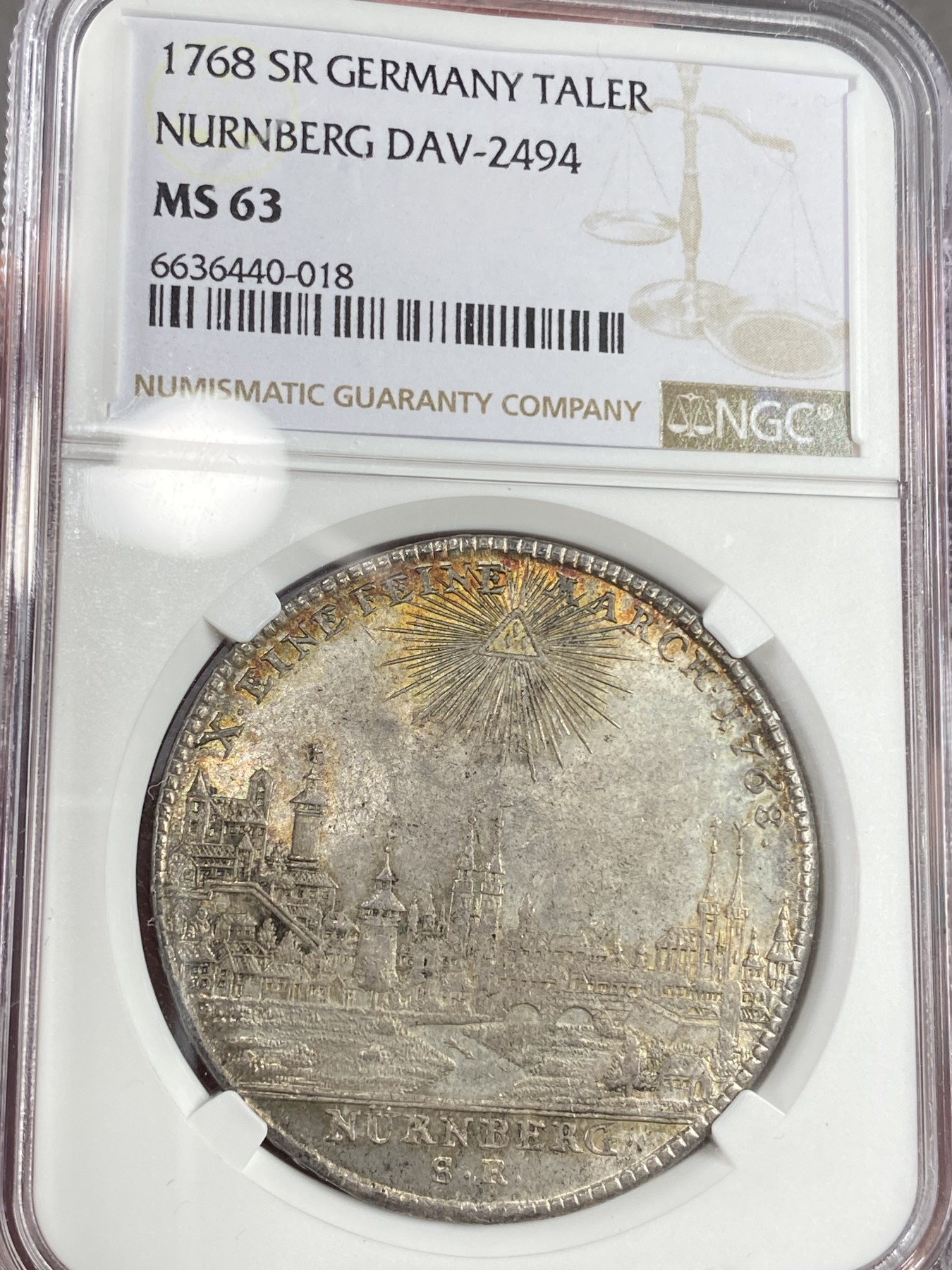 万国钱币拍卖第021期（龙年首拍） NGC MS63 1768年德国纽伦堡城市景观大泰勒 此枚无论是细节高点还是底板都近乎于完美 金色包浆让人欲罢不能 日本AW同分成交已过4万。