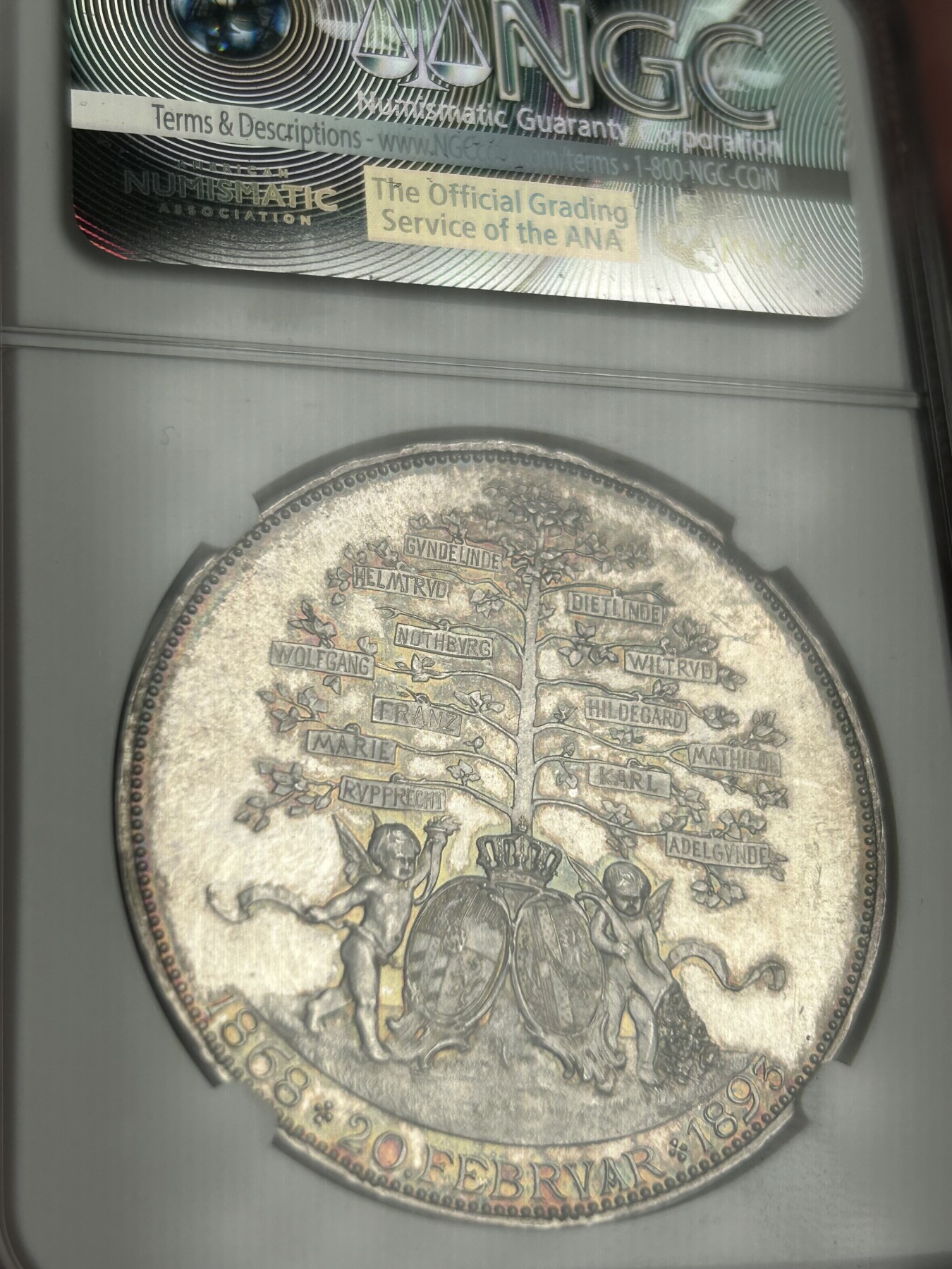 万国钱币拍卖第021期（龙年首拍） NGC MS64 1893年巴伐利亚摄政王利奥波德世子结婚25周年及其子嗣2泰勒型银章，和利奥波德大桥同属一个系列，原味五彩镜面状态，想找到更好的也是不容易了。