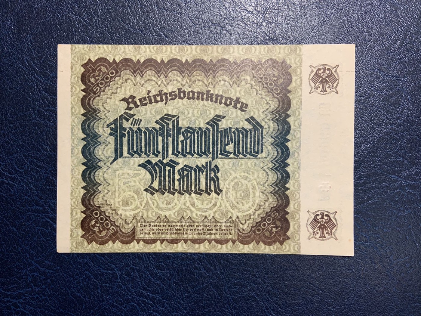 收藏联盟Quantum Auction 第325期拍卖  德国1922年5000马克 品相UNC- 号码无4 少见补号
