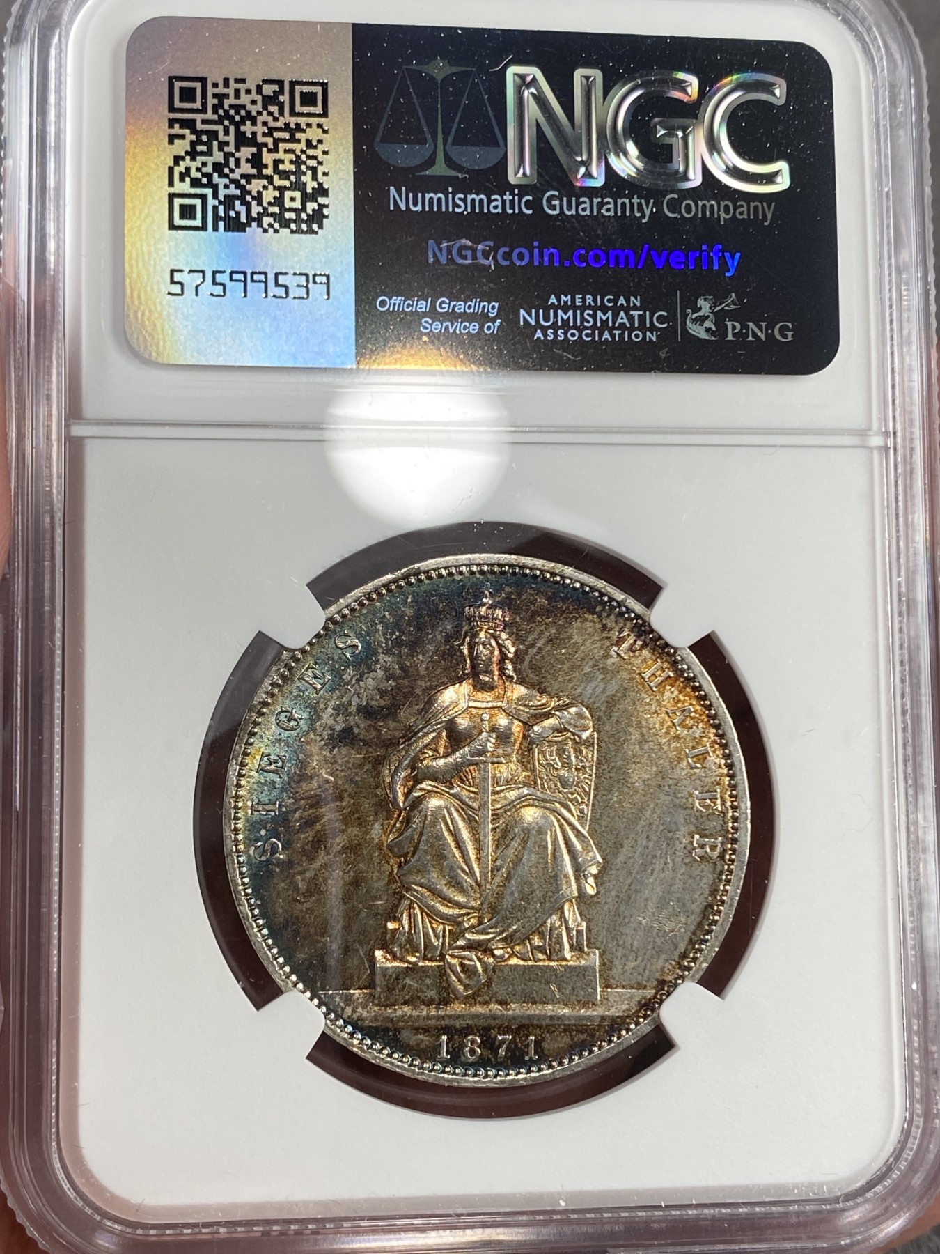 万国钱币拍卖第021期（龙年首拍） NGC MS61 1871年德国普鲁士普法战争胜利纪念流通1泰勒 阴阳调和幻彩 一币两玩 非常有特点