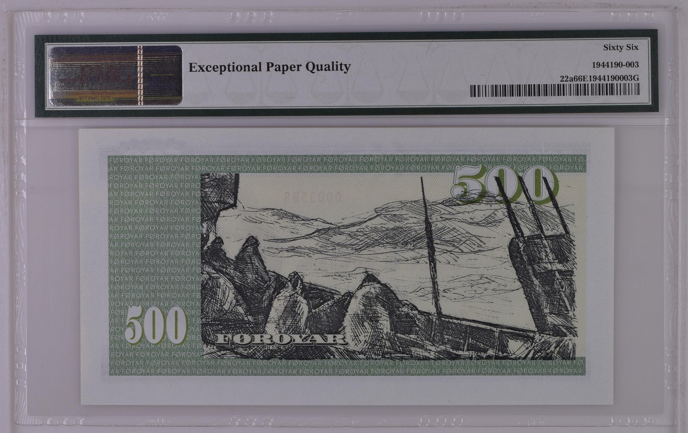 收藏联盟Quantum Auction 第325期拍卖  法罗群岛1978年500克朗 PMG66 首发冠 号码无4 千位号