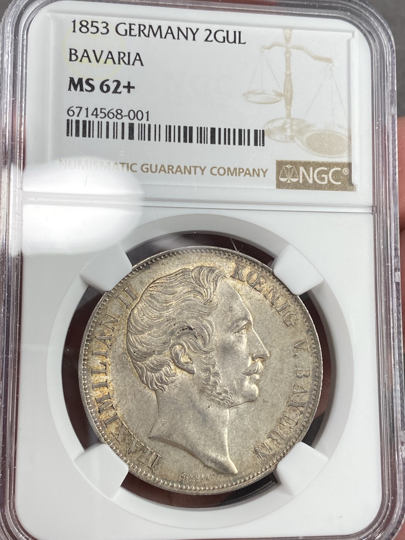 万国钱币拍卖第021期（龙年首拍） NGC MS62+ 1855年德国巴伐利亚马克西米利安二世双狮流通2古尔登大银币 德国一线货 原味金彩