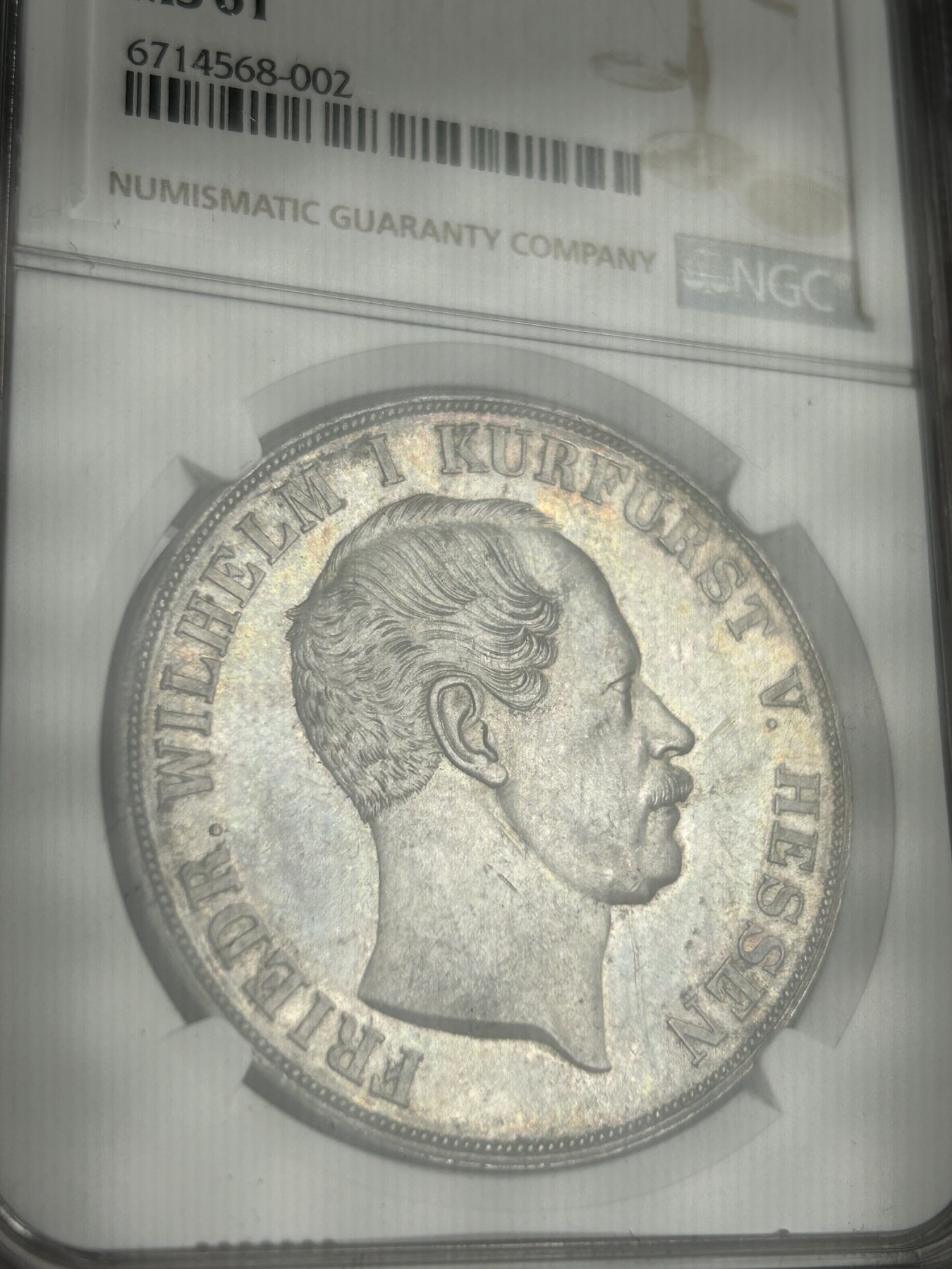 万国钱币拍卖第021期（龙年首拍） NGC MS61 1855年德国黑森-卡塞尔CP纹章2泰勒 原味五彩高点俱在 有一说一分数有向上+1的空间