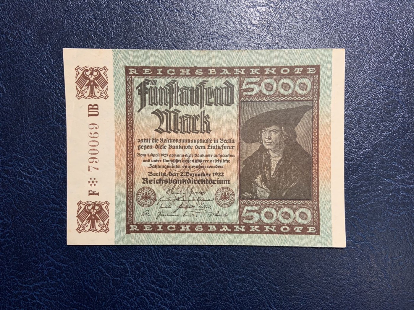 收藏联盟Quantum Auction 第325期拍卖  德国1922年5000马克 品相UNC- 号码无4 少见补号