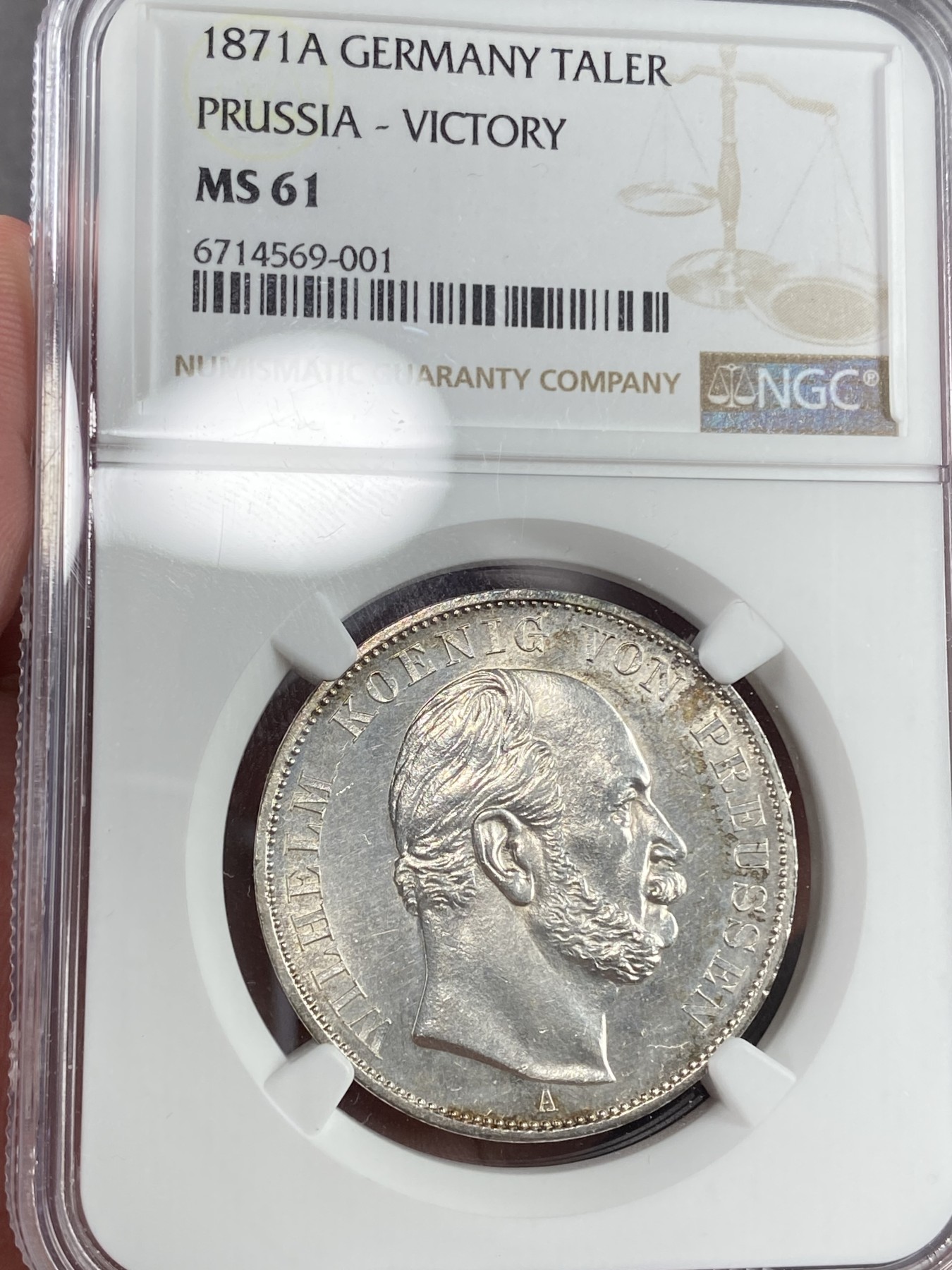 万国钱币拍卖第021期（龙年首拍） NGC MS61 1871年德国普鲁士普法战争胜利纪念流通1泰勒 阴阳调和幻彩 一币两玩 非常有特点