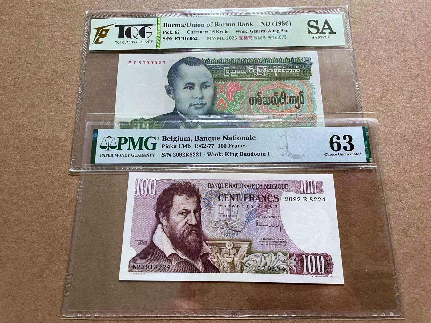 【Blue Auction】✨世界纸币精拍第433期【精】 【一组2张】比利时 1962-77年100法郎 PMG63&缅甸 1986年15元 TQG SA 无47