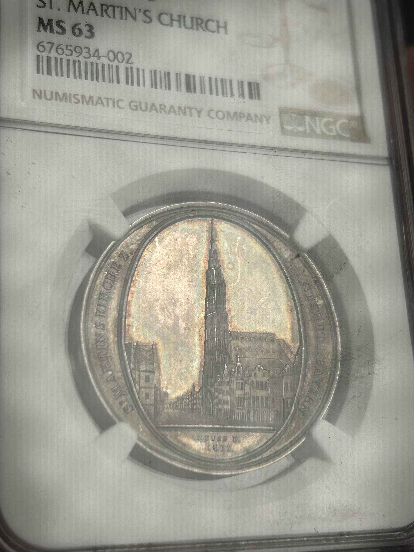 万国钱币拍卖第021期（龙年首拍） NGC MS63 1832年德国圣马丁大教堂银章 镜面五彩，顶级状态。