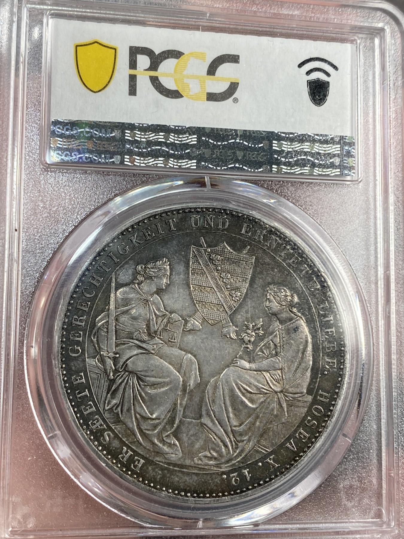 万国钱币拍卖第021期（龙年首拍） PCGS AU58+ 1854年德国萨克森奥古斯特二世逝世双神纪念2泰勒 双面五彩