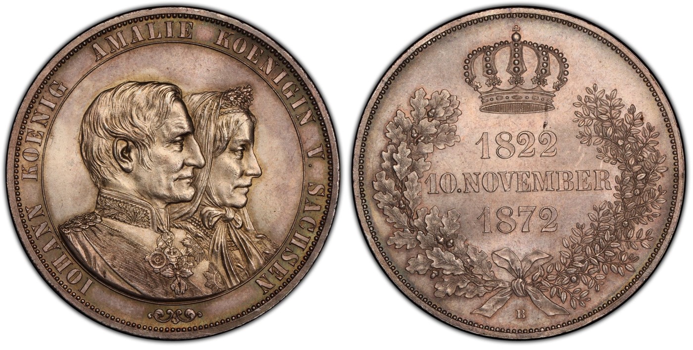 万国钱币拍卖第021期（龙年首拍） PCGS MS65 1872年德国萨克森金婚2泰勒 2泰勒的关门之作，所说好品常见，但想找到一枚此等质量的也绝非易事，双面原味均匀的包浆搭配上丝滑温润的转光令人赏心悦目。