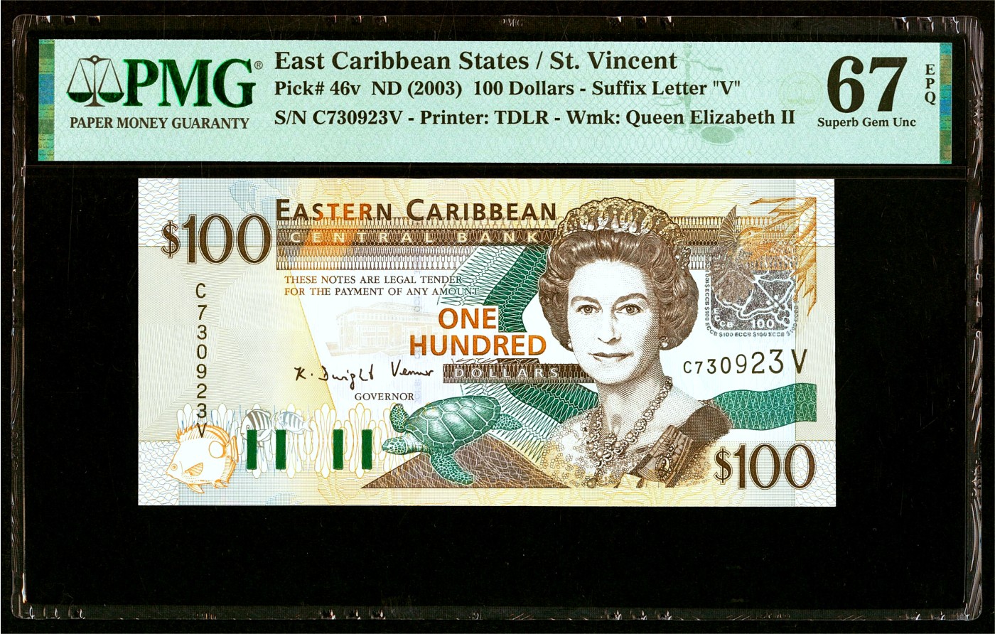 【Blue Auction】✨世界纸币精拍第433期【精】 东加勒比 圣文森特 2003年100元 PMG67EPQ 高分 女王 