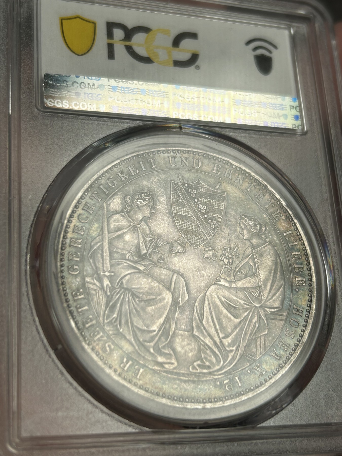万国钱币拍卖第021期（龙年首拍） PCGS AU58+ 1854年德国萨克森奥古斯特二世逝世双神纪念2泰勒 双面五彩