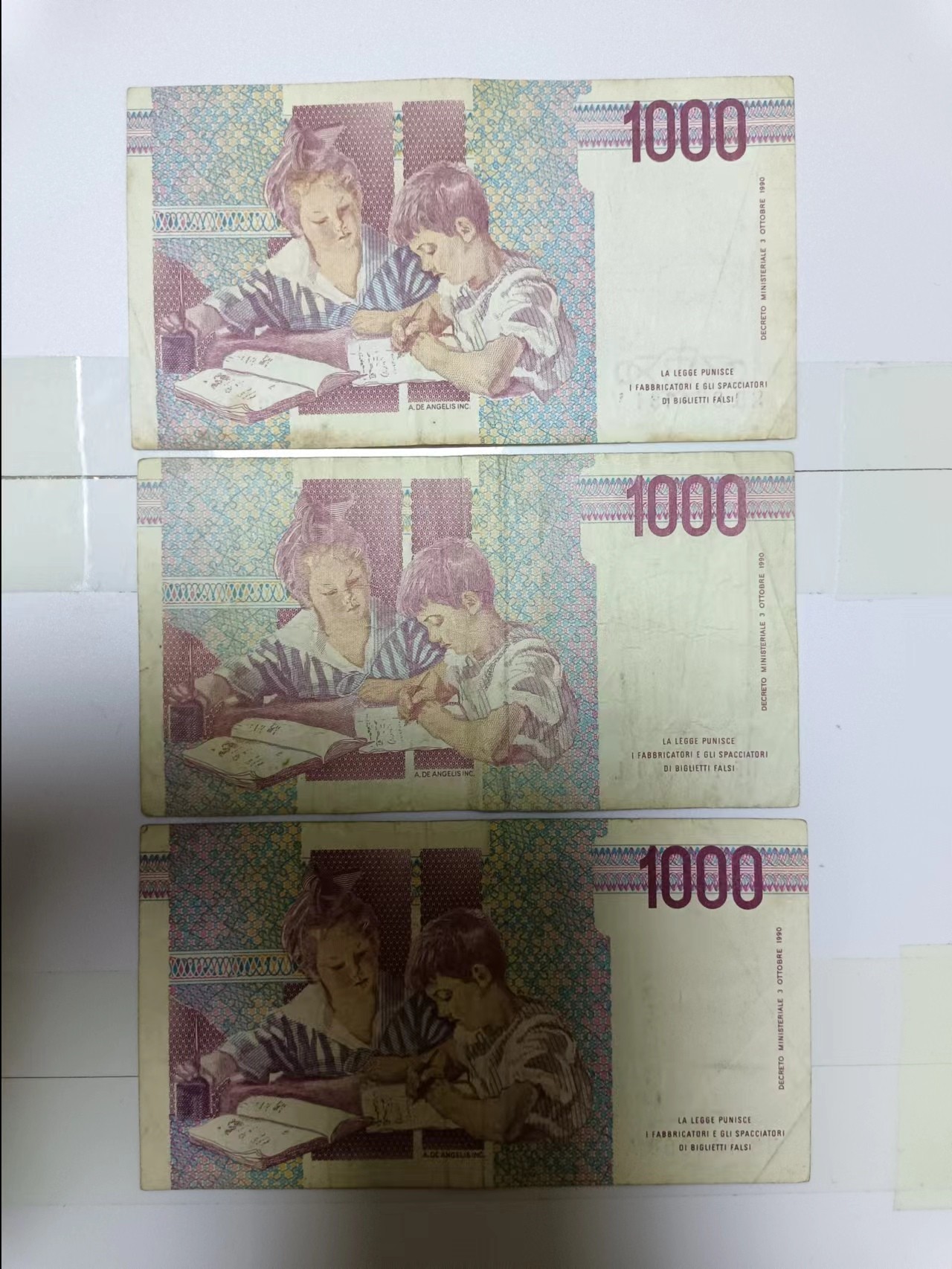 【20240222】非全新纸币第116场 意大利1000里拉3张纸币，有裂缝