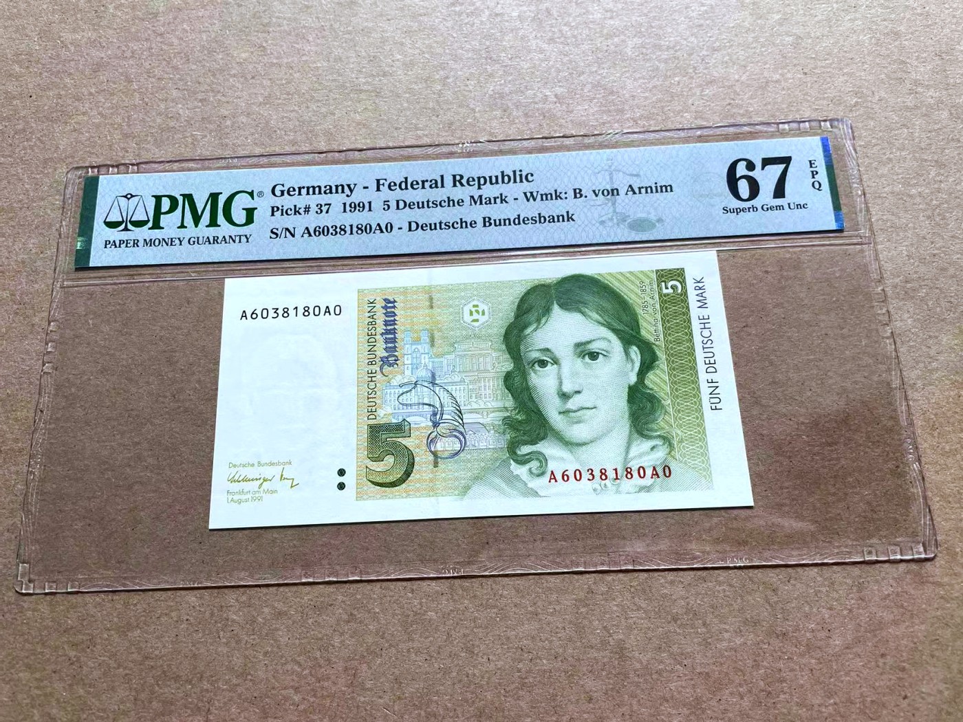 【Blue Auction】✨世界纸币精拍第433期【精】 【AA0冠 无47】德国 1991年5马克 PMG67EPQ 高分 