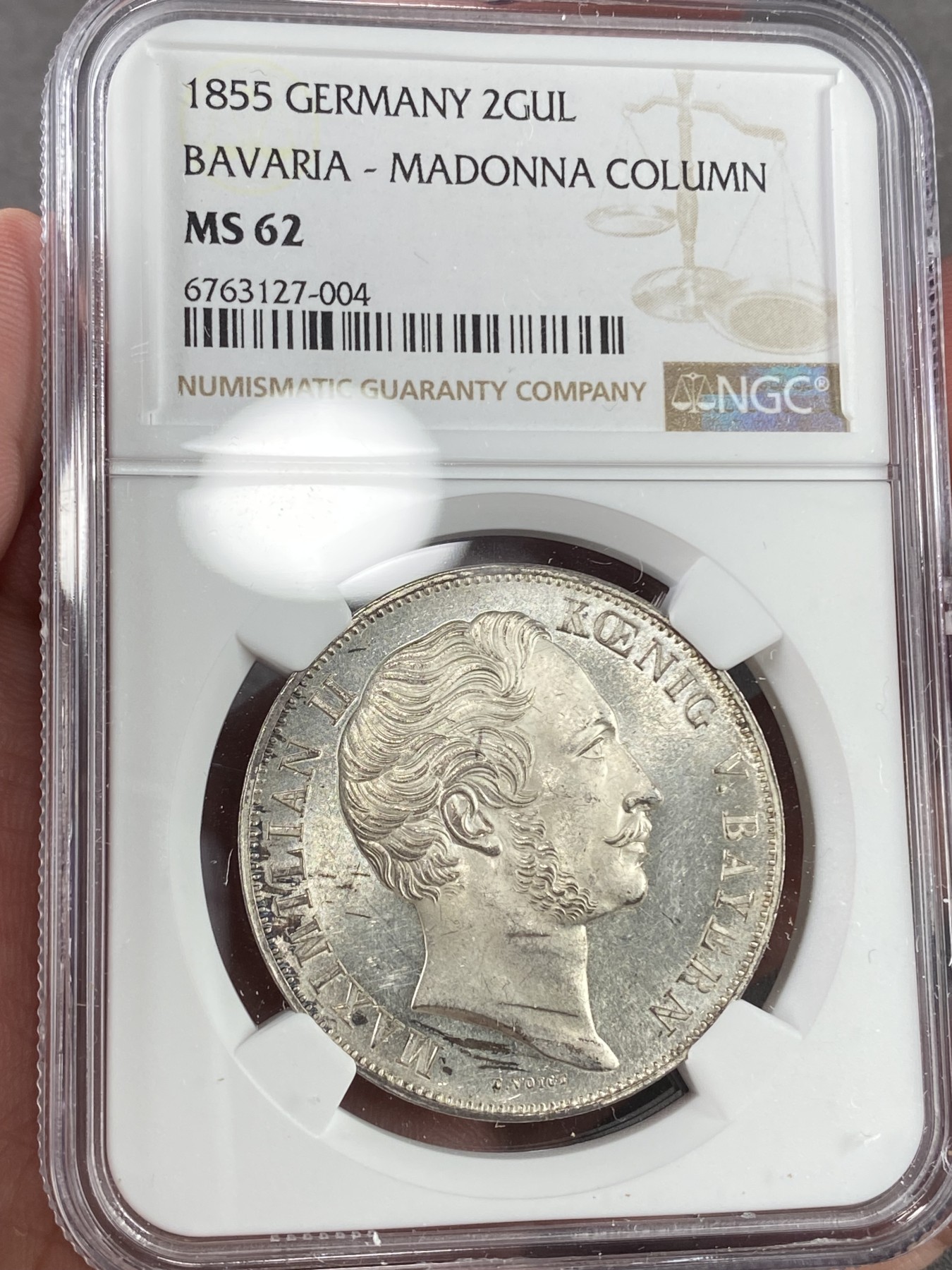 万国钱币拍卖第021期（龙年首拍） NGC MS62 1855年德国巴伐利亚马克西米利安二世圣母抱婴2古尔登大银币 镜面五彩 分数略有低评