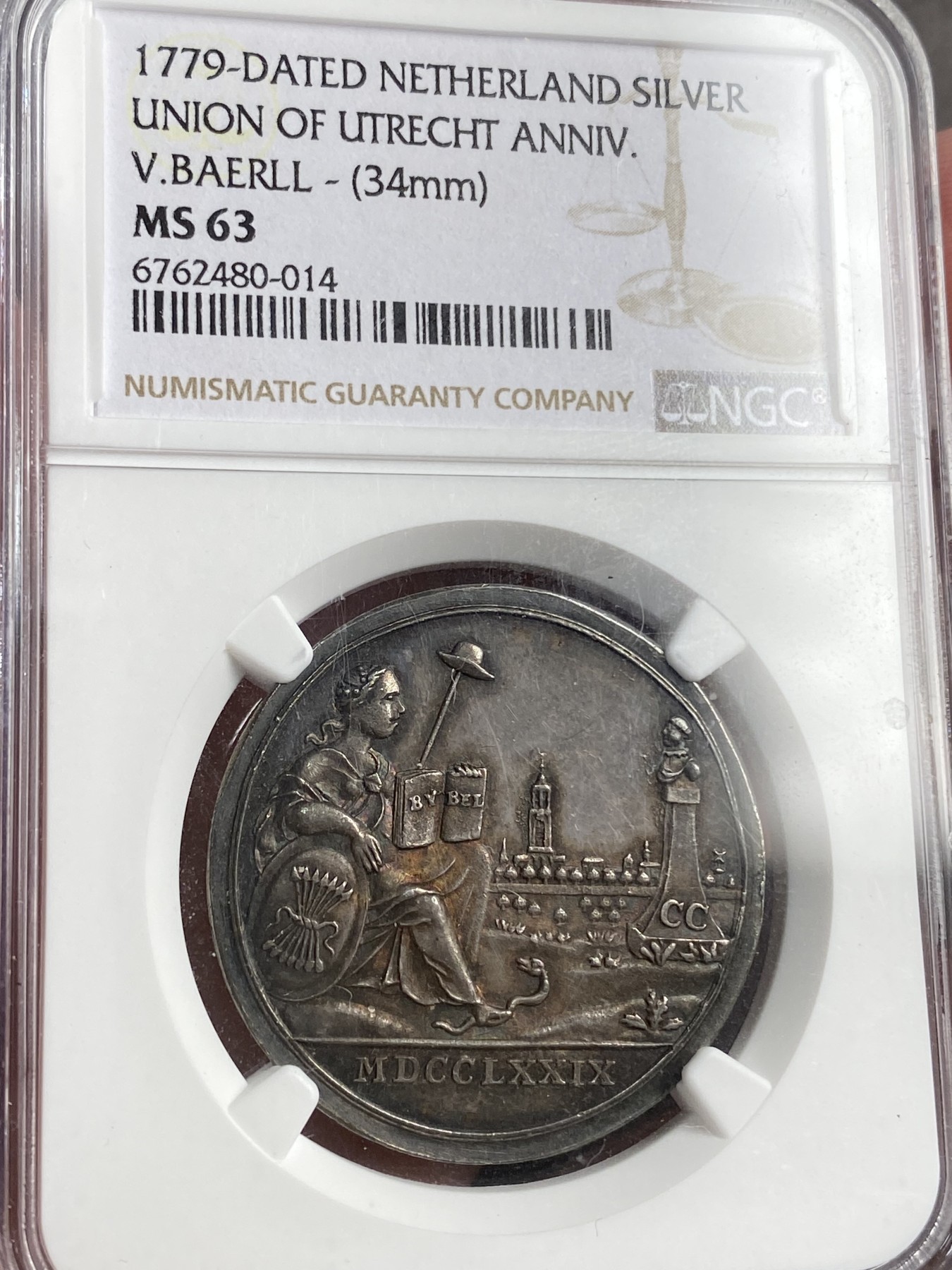 万国钱币拍卖第021期（龙年首拍） NGC MS63 1779荷兰乌特勒支联盟纪念银章 原味酱彩
