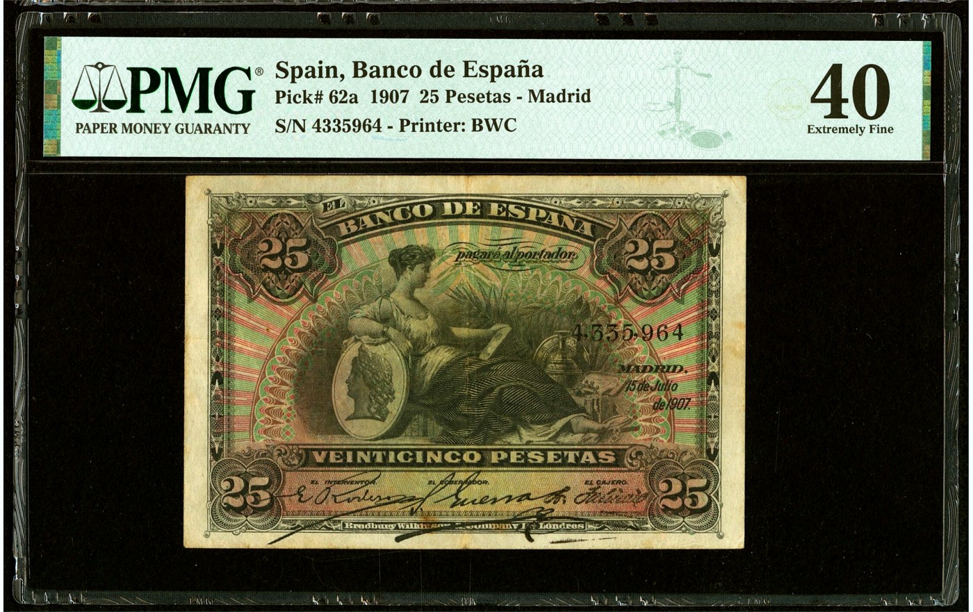 【Blue Auction】✨世界纸币精拍第433期【精】 【百年风云】西班牙 早期 BWC版 1907年25比塞塔 女神 PMG40 