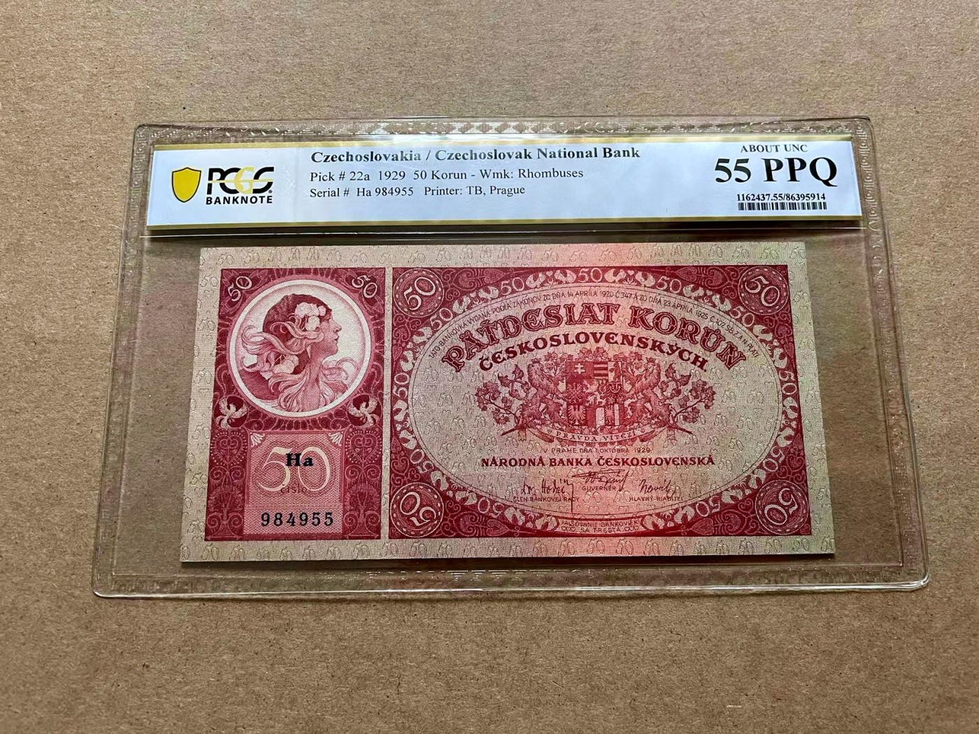 【Blue Auction】✨世界纸币精拍第433期【精】 【实钞较少见】捷斯 1929年50克朗 慕夏作品 设计精美 PCGS55EPQ 原票 