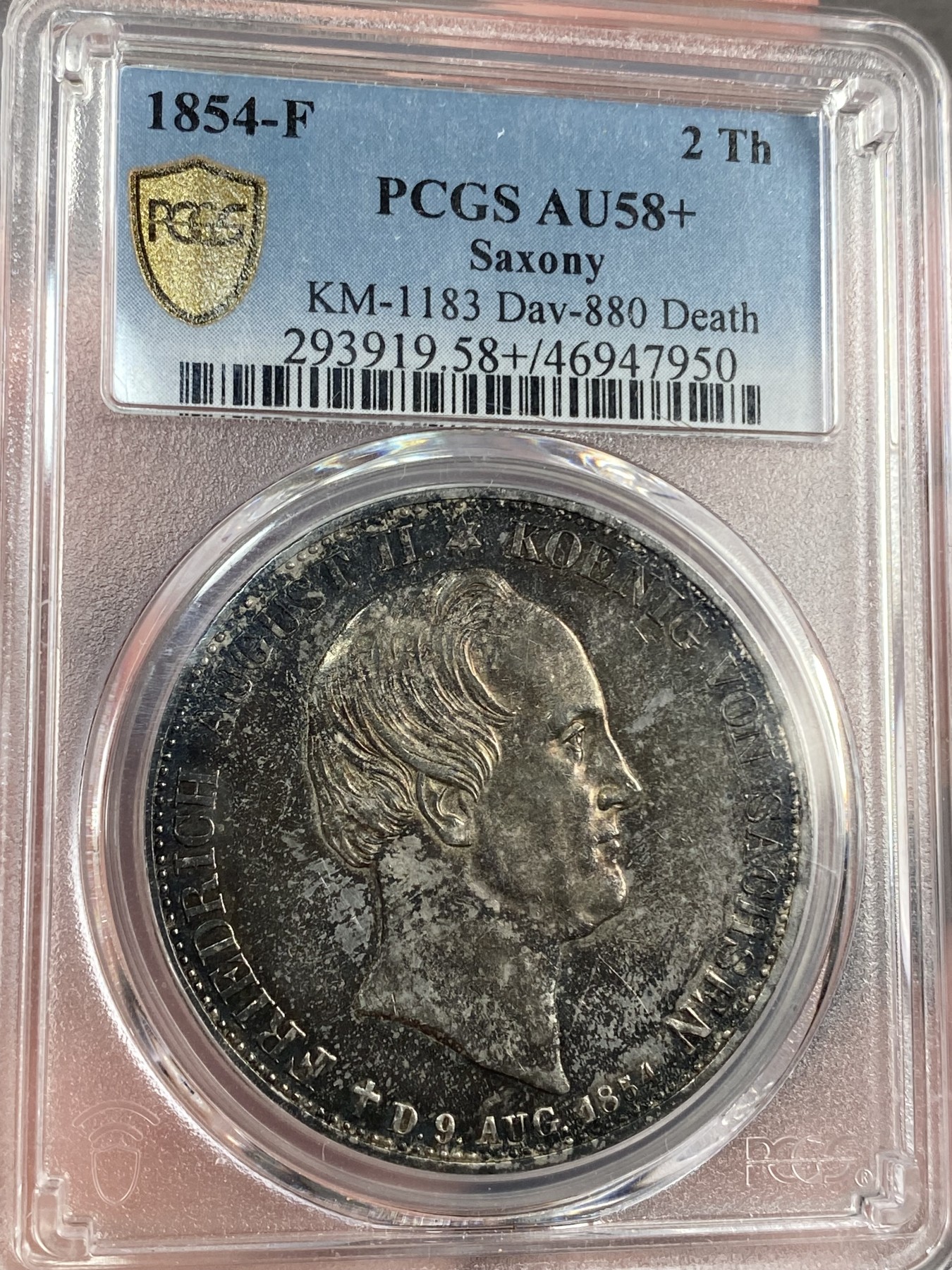 万国钱币拍卖第021期（龙年首拍） PCGS AU58+ 1854年德国萨克森奥古斯特二世逝世双神纪念2泰勒 双面五彩