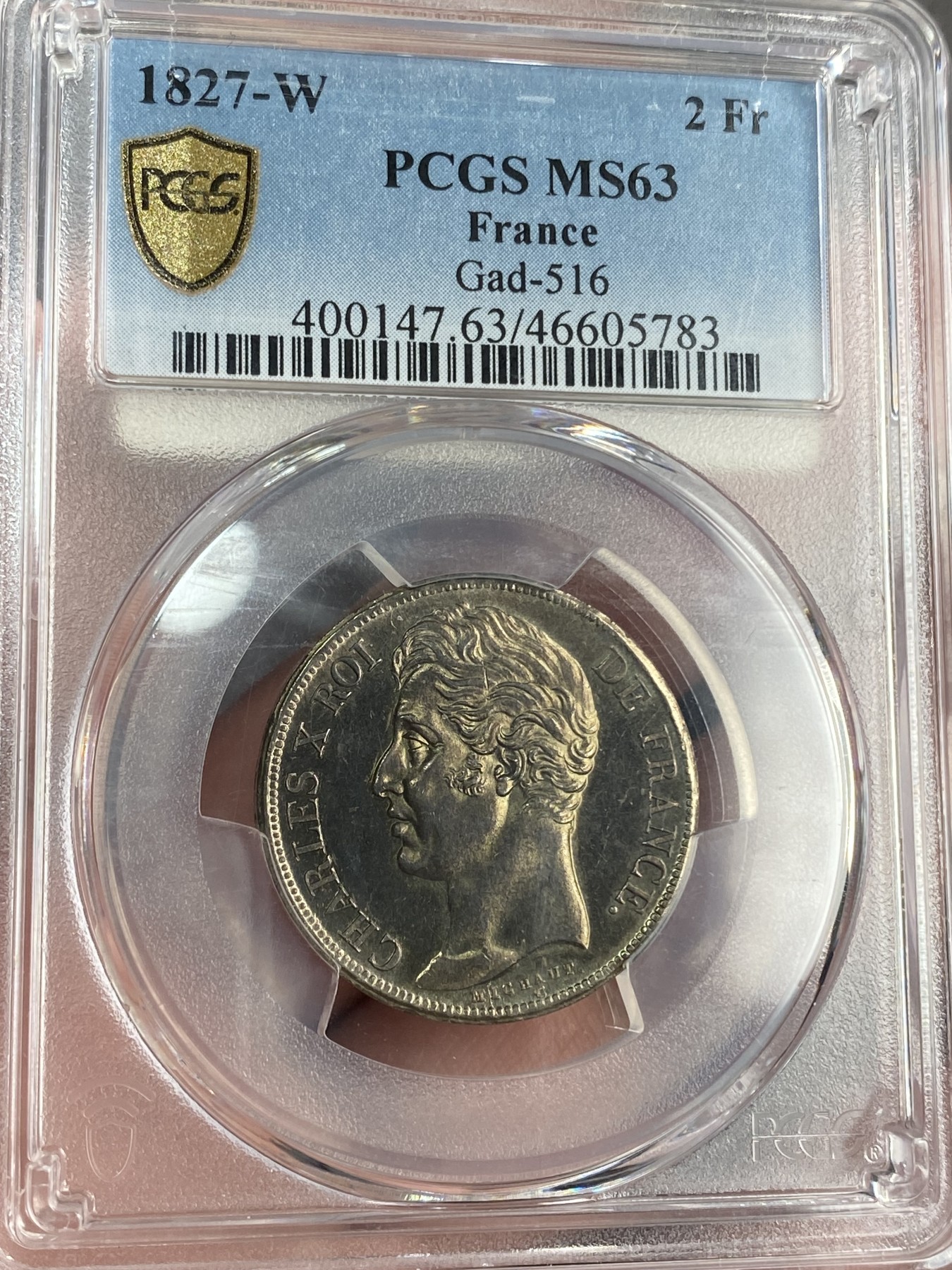 万国钱币拍卖第021期（龙年首拍） PCGS MS63 1827年法国查理十世流通2法郎 极致的镜面通体金彩状态 实物状态炸裂 2法郎好品极难 PCGS唯一冠军
