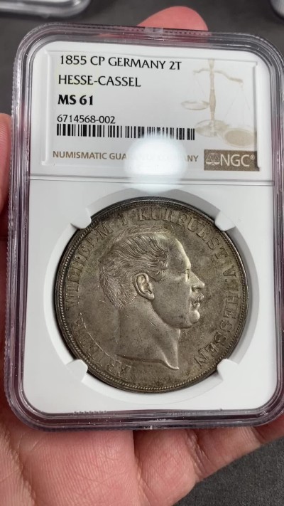 万国钱币拍卖第021期（龙年首拍） NGC MS61 1855年德国黑森-卡塞尔CP纹章2泰勒 原味五彩高点俱在 有一说一分数有向上+1的空间