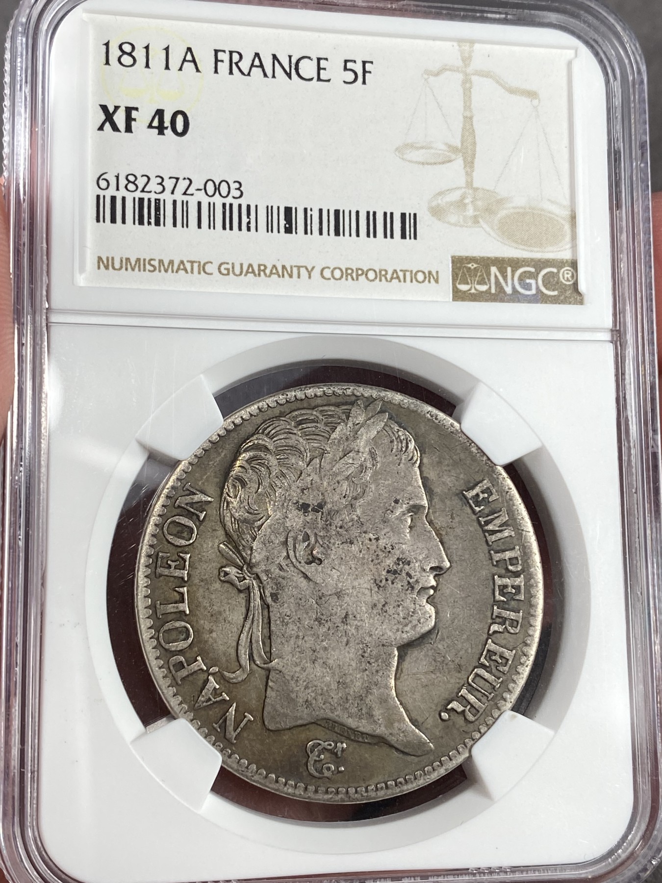 万国钱币拍卖第021期（龙年首拍） NGC XF40 1811年法国拿破仑一世5法郎大银币 原味状态