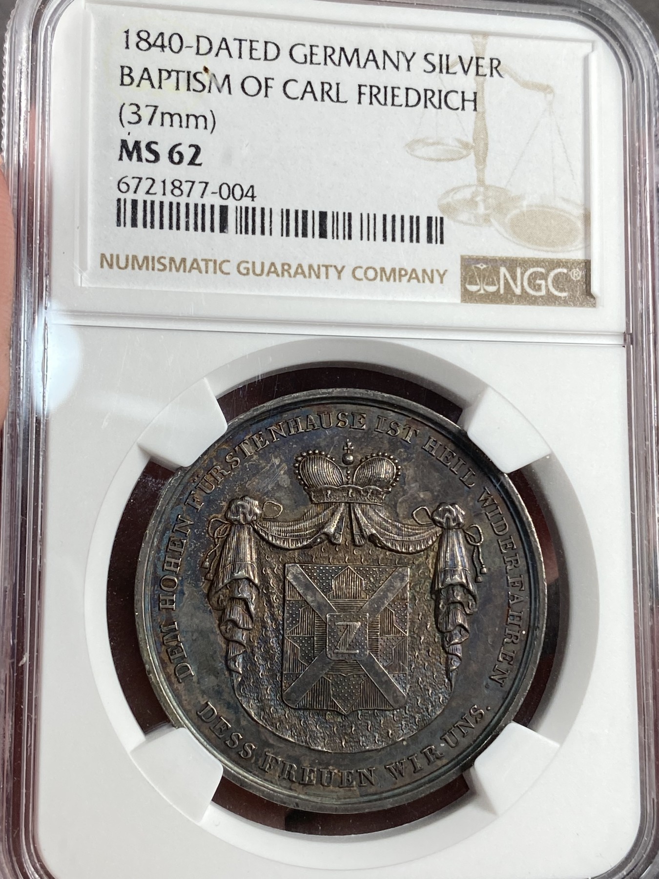 万国钱币拍卖第021期（龙年首拍） NGC MS62 1840年德国卡尔.弗雷德里希洗礼银章，原味黑彩。