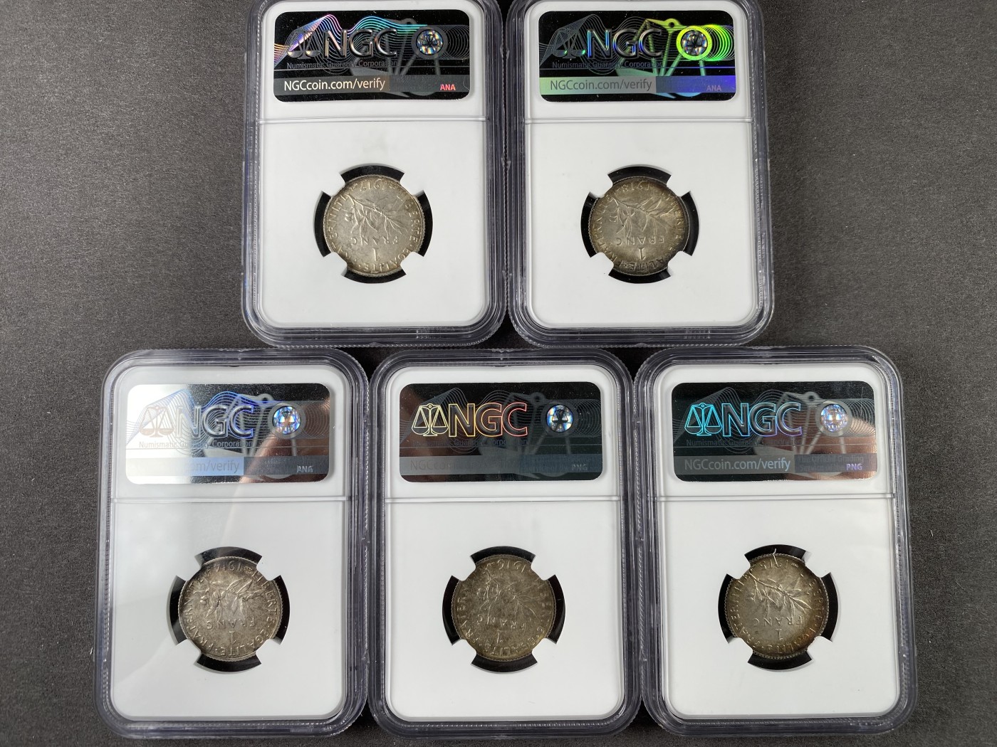 万国钱币拍卖第021期（龙年首拍） AU55 MS62 MS63 1914年-1918年法国行走女神小银币一小套5枚一起