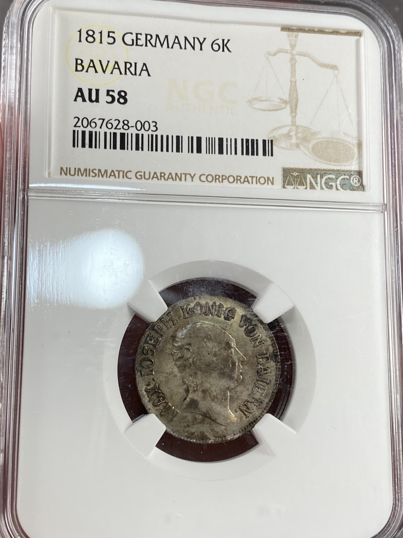 万国钱币拍卖第021期（龙年首拍） NGC AU58 1815年德国巴伐利亚马克西米利安一世6K辅币银币 原味酱彩