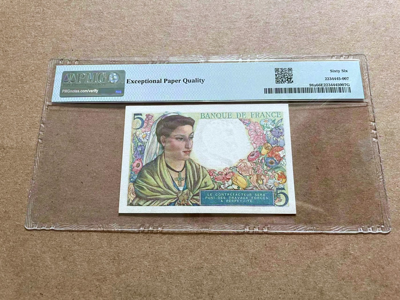 【Blue Auction】✨世界纸币精拍第433期【精】 法国 1945年5法郎 PMG66EPQ 