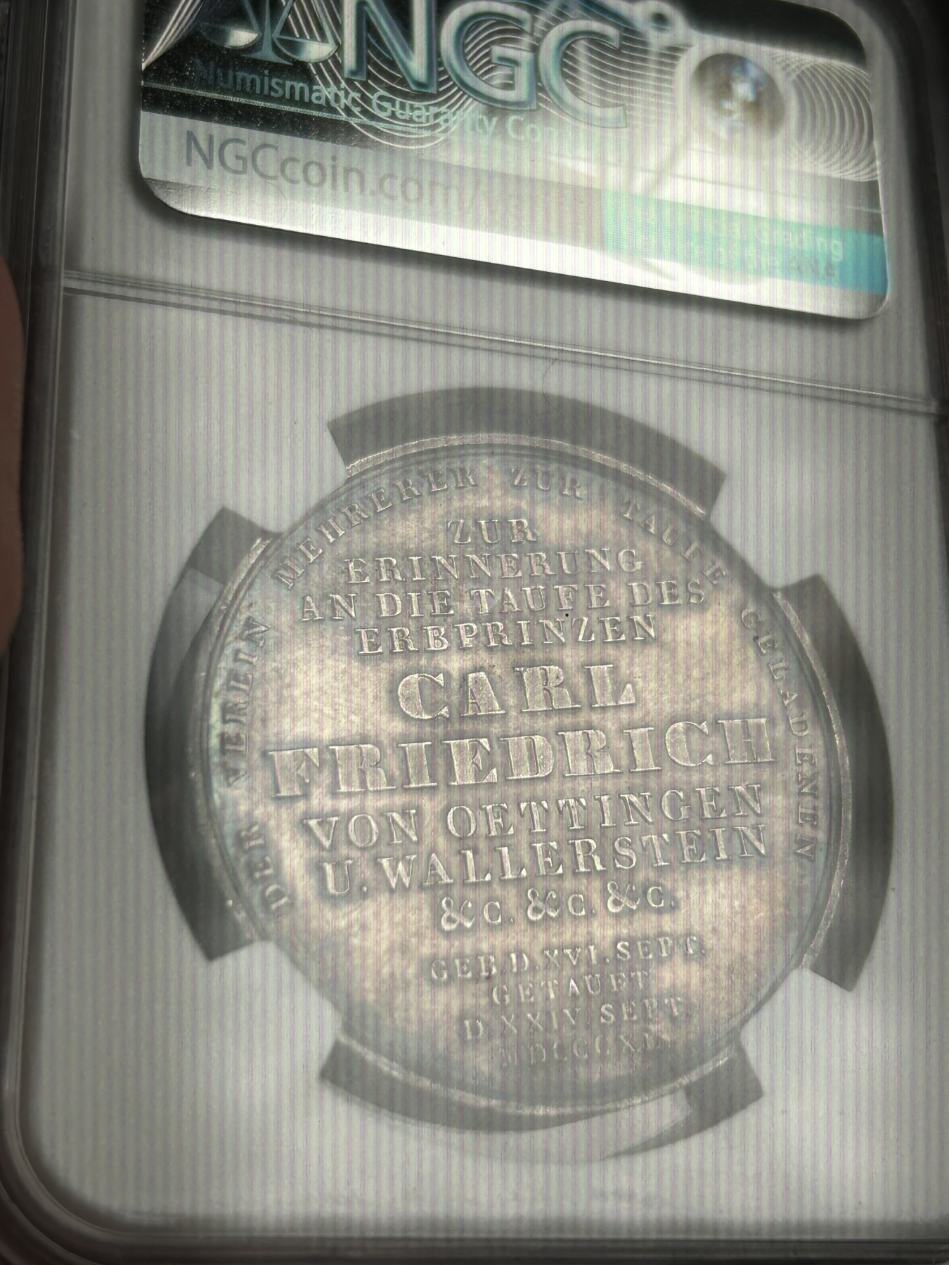 万国钱币拍卖第021期（龙年首拍） NGC MS62 1840年德国卡尔.弗雷德里希洗礼银章，原味黑彩。